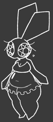 Size: 760x1745 | Tagged: suggestive, alternate version, artist:ltoo, vibri (vib-ribbon), lagomorph, mammal, rabbit, anthro, vib-ribbon, 2022, belly button, big belly, big ears, black and white, breasts, cleavage, clothes, dress, ears, eyelashes, fat fetish, female, grayscale, heart, huge thighs, long ears, monochrome, no nose, open mouth, see-through, slightly chubby, solo, solo female, thighs