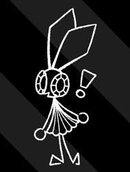 Size: 640x840 | Tagged: safe, artist:ltoo, lagomorph, mammal, rabbit, anthro, cc by-nc-sa, creative commons, 2022, big ears, big eyes, black and white, clothes, dress, ears, exclamation point, female, grayscale, long ears, looking at you, monochrome, no nose, open mouth, solo, solo female, striped background, vib-ribbon, vibri (vib-ribbon)