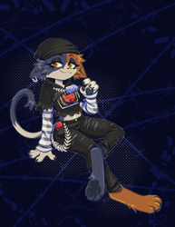 Size: 2550x3300 | Tagged: safe, artist:nyanoraptor, meow skulls (fortnite), cat, feline, mammal, anthro, fortnite, 2022, 4 fingers, 4 toes, :3, abstract background, absurd resolution, bandolier, barbed wire, barefoot, beanie, bedroom eyes, belly button, ben day dots, black body, black claws, black clothing, black eyeshadow, black fur, black nose, black pawpads, bottomwear, breasts, brown body, brown fur, bust, calico cat, cel shading, cell phone, claw pose, claws, clothes, colored nails, crop top, crossed legs, denim, denim clothing, ear piercing, emo, epic games, eyelashes, eyeshadow, feet, female, finger claws, fingers, fish hook, fish hook piercing, fluff, foot tuft, full-length portrait, fur, goth, hat, headgear, headwear, high res, hindpaw, hoodie, jeans, longsleeve, looking at you, makeup, midriff, mottled, multicolored body, multicolored fur, nails, narrowed eyes, pants, pattern clothing, paw pads, paw tuft, paws, phone, piebald, piercing, portrait, print clothing, punk, ripped jeans, ripped pants, seductive, shaded, shirt, sitting, small breasts, smartphone, smiling, soles, solo, solo female, sparkling eyes, striped clothes, striped sleeves, stripes, toes, topwear, torn bottomwear, torn clothes, torn pants, video game, wallet chain, white body, white fur, yellow eyes