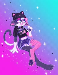 Size: 2550x3300 | Tagged: safe, artist:nyanoraptor, meow skulls (fortnite), oc, cat, feline, mammal, anthro, fortnite, 2022, 4 fingers, 4 toes, :3, absurd resolution, barefoot, beanie, belly button, belt, ben day dots, black body, black clothing, black fur, black pawpads, body markings, bottomwear, bust, calico cat, cel shading, choker, claws, clothes, colored nails, colored pupils, crop top, crossed legs, cute, cute little fangs, cutoffs, denim, denim clothing, dipstick tail, ear piercing, epic games, eyelashes, eyeshadow, fake cat ears, fake ears, fangs, feet, female, finger claws, fingers, fishnet, fishnet leggings, full-length portrait, fur, gradient background, hat, headgear, headwear, high res, jewelry, legwear, looking at you, makeup, midriff, mottled, multicolored body, multicolored fur, nails, necklace, nyan skulls (nyanoraptor), open :3, open mouth, open smile, orange body, orange fur, paw pads, paws, piebald, piercing, pink claws, pink eyes, portrait, print clothing, pupils, see-through, shaded, shirt, shorts, simple background, smiling, solo, solo female, sparkles, stockings, tail, tail markings, teeth, toeless legwear, toeless stockings, toes, topwear, video game, wallet chain, white body, white fur, white pupils