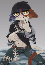 Size: 2099x3035 | Tagged: safe, artist:el_k_8187, meow skulls (fortnite), cat, feline, mammal, anthro, fortnite, absurd resolution, beanie, belly button, black nails, blushing, bottomwear, calico cat, claws, clothes, colored nails, denim, denim clothing, ear piercing, epic games, female, gesture, goth, hat, headgear, headwear, high res, hoodie, jeans, looking at you, mottled, nails, panties, pants, piebald, piercing, pinup, pose, raising shirt, ripped jeans, ripped pants, solo, solo female, striped sleeves, thong, tomboy, topwear, torn bottomwear, torn clothes, torn pants, underwear, v sign, video game