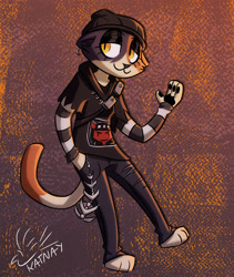 Size: 1265x1500 | Tagged: safe, artist:katnay, meow skulls (fortnite), cat, feline, mammal, anthro, fortnite, 2022, 3 toes, 4 fingers, abstract background, bandolier, barefoot, beanie, black clothing, black pawpads, bottomwear, breasts, brown body, brown fur, bust, calico cat, cel shading, clothes, denim, denim clothing, ear piercing, epic games, eyeshadow, feet, female, fingers, full-length portrait, fur, goth, gray body, gray fur, half closed eyes, hand in pocket, handpaw, hat, headgear, headwear, high res, hindpaw, jeans, looking at you, makeup, mottled, multicolored body, multicolored fur, narrowed eyes, pants, paw pads, paws, piebald, piercing, pockets, portrait, print clothing, ripped jeans, ripped pants, shaded, signature, small breasts, solo, striped sleeves, toes, tomboy, torn bottomwear, torn clothes, torn pants, video game, wallet chain, white body, white fur, yellow eyes