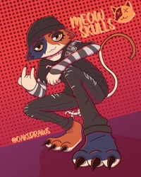 Size: 1080x1350 | Tagged: safe, artist:oaksdraws, meow skulls (fortnite), cat, feline, mammal, anthro, digitigrade anthro, fortnite, 2022, 3 toes, 4:5, 5 fingers, artist name, barefoot, beanie, ben day dots, black bottomwear, black claws, black clothing, black hoodie, black pants, black topwear, bottomwear, calico cat, caption, claws, clothes, crouching, denim, denim clothing, devil horns (gesture), dotted background, english text, epic games, feet, female, fingers, gesture, goth, hand gesture, hat, headgear, headwear, high res, hoodie, jeans, logo, looking at you, low angle, mottled, name in background, pants, pattern background, piebald, ripped jeans, ripped pants, simple background, solo, solo female, striped sleeves, symbol, text, toes, tomboy, topwear, torn bottomwear, torn clothes, torn pants, video game, ©