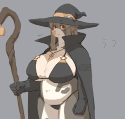 Size: 737x705 | Tagged: safe, artist:ch4_n2o, bovid, cattle, cow, mammal, anthro, belly, bra, breasts, cloak, clothes, female, hat, headwear, huge breasts, panties, slightly chubby, solo, solo female, staff, thick thighs, thighs, underwear, wide hips, witch hat