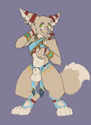 Size: 2916x4000 | Tagged: suggestive, artist:c0vertcanine, canine, fictional species, mammal, vulpera, anthro, blizzard entertainment, world of warcraft, animal genitalia, balls, belly dancer outfit, big balls, embarrassed, male, nudity, sheath, solo, solo male, tail