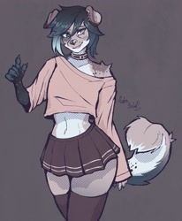 Size: 2184x2652 | Tagged: safe, artist:aidensolid, canine, dog, mammal, anthro, bottomwear, clothes, crop top, legwear, male, shirt, skirt, solo, solo male, stockings, tail, thick thighs, thighs, topwear, wide hips