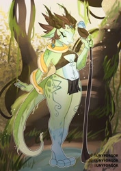 Size: 2896x4096 | Tagged: safe, artist:sunyforgor, fictional species, kobold, reptile, anthro, clothes, female, horns, loincloth, solo, solo female, staff, tail, tribal outfit