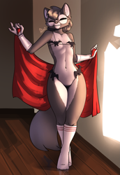 Size: 1091x1585 | Tagged: suggestive, artist:feretta, oc, oc only, oc:vix, canine, fox, mammal, anthro, 2022, batkini, breasts, clothes, female, lingerie, small breasts, socks, solo, solo female, thick thighs, thighs, underwear, wide hips