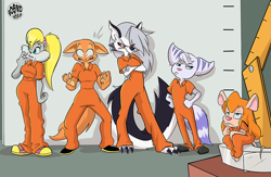 Size: 1000x653 | Tagged: safe, artist:boskocomicartist, berri (conker), diane foxington (the bad guys), gadget hackwrench (chip 'n dale: rescue rangers), loona (vivzmind), rivet (r&c), canine, chipmunk, fictional species, fox, hellhound, lombax, mammal, mouse, red fox, rodent, anthro, digitigrade anthro, plantigrade anthro, chip 'n dale: rescue rangers, conker (series), disney, dreamworks animation, hazbin hotel, helluva boss, ratchet & clank, the bad guys, 2022, clothes, commission, frustrated, prison outfit, prisoner