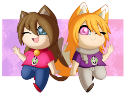 Size: 2000x1500 | Tagged: safe, artist:littlestsiggy, oc, oc only, oc:kira (tismatty), oc:lucy (tismatty), animal humanoid, canine, cat, feline, fictional species, fox, mammal, humanoid, 2014, 5 fingers, abstract background, blonde hair, bottomwear, brown hair, chibi, clothes, collar, commission, duo, duo female, female, females only, gesture, hair, long tail, looking at you, no nose, one eye closed, open mouth, open smile, pants, pink eyes, scarf, shirt, shoes, smiling, smiling at you, t-shirt, tail, topwear, v sign, vixen, winking