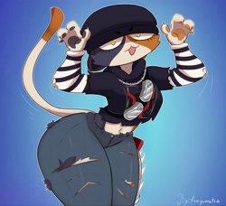 Size: 3400x3100 | Tagged: safe, artist:fragomatesh, meow skulls (fortnite), calico, cat, feline, mammal, anthro, fortnite, blue background, caramelldansen, cell phone, clothes, crop top, female, gradient background, meme, paw pads, paws, phone, simple background, smartphone, solo, solo female, topwear, video game