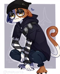 Size: 3332x4096 | Tagged: safe, artist:mukiarts, meow skulls (fortnite), calico, cat, feline, mammal, anthro, epic games, fortnite, 2022, 3 toes, :3, barefoot, beanie, border, bottomwear, claws, clothes, colored nails, countershade feet, countershading, crouching, ear piercing, eyeshadow, feet, female, finger claws, fur, hat, headgear, headwear, heart, high res, hoodie, lidded eyes, makeup, mottled, multicolored body, multicolored fur, nails, orange body, orange fur, pants, piebald, piercing, shirt, smiling, solo, solo female, striped sleeves, toe claws, toes, tomboy, topwear, video game, white border, yellow eyes