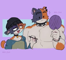 Size: 1080x986 | Tagged: safe, artist:4ppo_juce, meow skulls (fortnite), meowscles (fortnite), calico, cat, feline, mammal, anthro, epic games, fortnite, 2022, artist name, beanie, bracelet, brother, brother and sister, bust, clothes, collar, dot eyes, duo, duo male and female, ear piercing, emo, female, flat chest, fur, goth, gray body, gray fur, half closed eyes, half-length portrait, hand mirror, hat, headgear, headwear, holding, holding mirror, holding object, jewelry, looking at another, looking at mirror, looking at object, makeover, male, mirror, mottled, multicolored body, multicolored fur, muscles, muscular male, narrowed eyes, noseless, open mouth, open smile, orange body, orange fur, partial nudity, pencil (disambiguation), piebald, piercing, portrait, punk, purple background, sibling, siblings, simple background, sister, smiling, solo, solo female, spiked bracelet, spiked collar, spikes, tomboy, topless, video game, white body, white fur, yellow eyes