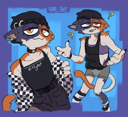 Size: 1080x992 | Tagged: safe, artist:4ppo_juce, meow skulls (fortnite), calico, cat, feline, mammal, anthro, epic games, fortnite, 2022, abstract background, ambiguous gender, artist name, beanie, belt, black body, black fur, bottomwear, boy shorts, bra, checkered clothing, checkered jacket, choker, clothes, ear piercing, fashion, female, fishnet, fishnet stockings, flat chest, flat colors, footwear, fur, goth, half closed eyes, hat, headgear, headwear, holding, holding clothing, holding object, jacket, jewelry, legwear, looking at you, mottled, multicolored body, multicolored fur, narrowed eyes, necklace, orange body, orange fur, pattern clothing, pattern footwear, pattern legwear, pattern socks, piebald, piercing, print clothing, question mark, see-through, skirt, socks, solo, solo female, sports bra, spread arms, striped clothes, striped footwear, striped legwear, stripes, tail between legs, tomboy, topwear, underwear, video game, white body, white fur, wristband, yellow eyes