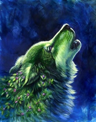 Size: 704x900 | Tagged: safe, artist:hibbary, canine, mammal, wolf, feral, ambiguous gender, blue background, fur, green body, green fur, howling, realistic, simple background, solo, solo ambiguous