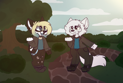 Size: 1246x842 | Tagged: safe, artist:silvetz, cheeb, chibi, couple, cute, full body, outdoors, park, scene, shaded