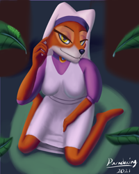 Size: 1200x1500 | Tagged: safe, artist:paradoxing5, maid marian (robin hood), canine, fox, mammal, anthro, digitigrade anthro, disney, robin hood (disney), 2021, bedroom eyes, black nose, breasts, clothes, digital art, dress, ears, eyelashes, female, fur, headdress, kneeling, looking at you, solo, solo female, tail, thighs, vixen, wide hips