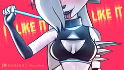 Size: 1000x563 | Tagged: suggestive, artist:whisperfoot, loona (vivzmind), canine, fictional species, hellhound, mammal, anthro, hazbin hotel, helluva boss, 2022, black nose, blushing, breasts, clothes, collar, digital art, ears, evening gloves, female, fingerless gloves, gloves, hair, leash, long gloves, open mouth, sharp teeth, solo, solo female, tank top, teeth, tongue, tongue out, topwear, wide hips