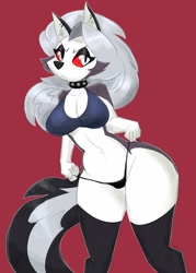 Size: 2000x2800 | Tagged: safe, artist:flutterthrash, loona (vivzmind), canine, fictional species, hellhound, mammal, anthro, digitigrade anthro, hazbin hotel, helluva boss, big breasts, breasts, choker, cleavage, clothes, female, legwear, looking at you, midriff, panties, solo, solo female, spiked choker, tank top, thigh highs, topwear, unamused, underwear