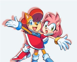 Size: 1352x1085 | Tagged: safe, artist:schauvel, amy rose (sonic), princess sally acorn (sonic), chipmunk, hedgehog, mammal, rodent, anthro, archie sonic the hedgehog, sega, sonic the hedgehog (series), duo, duo female, female, females only