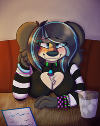 Size: 1848x2332 | Tagged: safe, artist:silvetz, canine, dog, mammal, spaniel, anthro, background, big breasts, boob window, bracelet, breasts, chest fluff, cleavage, clothes, date, emo, fluff, goth, hair, hairclip, jewelry, looking at you, offscreen character, pov, restaurant, shaded, wristband