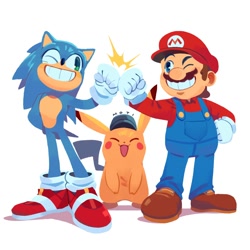 Size: 2000x2000 | Tagged: safe, artist:supsross, detective pikachu (detective pikachu), mario (mario), sonic the hedgehog (sonic), fictional species, hedgehog, human, mammal, pikachu, anthro, feral, plantigrade anthro, detective pikachu, illumination entertainment, mario (series), nintendo, pokémon, sega, sonic the hedgehog (series), sonic the hedgehog movie, the super mario bros. movie, universal pictures, 2022, crossover, group, high res, male, males only, one eye closed, simple background, smiling, trio, trio male, white background, winking