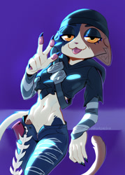 Size: 900x1260 | Tagged: safe, artist:hauringu_arts, meow skulls (fortnite), cat, feline, mammal, anthro, epic games, fortnite, 2022, artist name, bandolier, beanie, belly, belly button, black body, black claws, black fur, bottomwear, breasts, brown body, brown fur, bust, cell phone, claws, clothes, crop top, denim, denim clothing, female, fur, gesture, half closed eyes, hat, headgear, headwear, high res, hoodie, jeans, midriff, multicolored body, multicolored fur, narrowed eyes, pants, paw pads, paws, phone, portrait, purple background, ripped jeans, ripped pants, shirt, simple background, slim, small breasts, small waist, smartphone, smiling, solo, solo female, striped sleeves, teeth, three-quarter portrait, tongue, tongue out, topwear, torn bottomwear, torn clothes, torn pants, unzipped, unzipped pants, v sign, video game, white body, white fur, yellow eyes