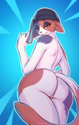 Size: 2584x4096 | Tagged: suggestive, artist:free-opium, meow skulls (fortnite), cat, feline, mammal, anthro, epic games, fortnite, 2022, blue background, butt, butt focus, clothes, ear piercing, ears, ears down, female, fur, gun, hat, hat only, headgear, headgear only, headwear, headwear only, high res, low angle, multicolored body, multicolored fur, narrowed eyes, nudity, partial nudity, piercing, pinup, pivoted ears, pose, ranged weapon, simple background, solo, solo female, spots, spotted body, spotted fur, video game, weapon