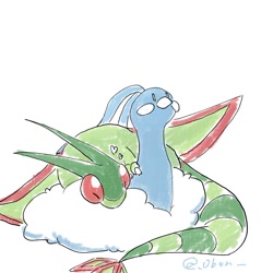 Size: 1280x1280 | Tagged: safe, artist:_0bon_, altaria, fictional species, flygon, feral, nintendo, pokémon, ambiguous gender, ambiguous only, duo, duo ambiguous, simple background, sleeping, white background