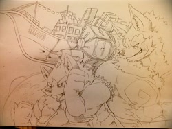 Size: 1280x960 | Tagged: safe, artist:geppei5959, oc, oc only, canine, corgi, dog, mammal, anthro, 2014, boat, duo, duo male, japanese text, kemono, male, males only, pencil drawing, ship, traditional art, translation request