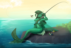 Size: 1400x933 | Tagged: safe, artist:sunny way, oc, oc only, equine, fictional species, fish, mammal, pony, seapony, anthro, friendship is magic, hasbro, my little pony, artwork, breasts, digital art, female, fishing, funny, nudity, ocean, patreon reward, shoked, solo, solo female, wat, water, wet, worms