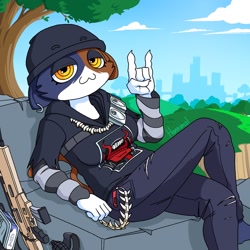 Size: 1280x1280 | Tagged: safe, artist:hannimala, meow skulls (fortnite), calico, cat, feline, mammal, epic games, fortnite, beanie, cell phone, city, clothes, cloud, devil horns, female, gun, hand gesture, hoodie, looking at you, phone, plant, sitting, sky, smartphone, topwear, tree, weapon