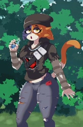 Size: 2500x3840 | Tagged: safe, artist:poajs4, meow skulls (fortnite), calico, cat, feline, mammal, anthro, fortnite, 5 fingers, beanie, blue pants, bottle, clothes, container, female, hoodie, looking at you, phone, plant, shrub, sitting, solo, solo female, topwear, torn clothes