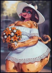 Size: 2490x3502 | Tagged: safe, artist:p4t4c0n, bovid, cattle, cow, mammal, anthro, breasts, clothes, dress, female, flower, hat, headwear, huge breasts, plant, solo, solo female, sun hat, tail, thick thighs, thighs, wide hips
