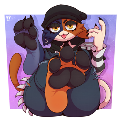 Size: 2165x2165 | Tagged: safe, artist:itsdante, meow skulls (fortnite), calico, cat, feline, mammal, anthro, fortnite, barefoot, bottomwear, clothes, crossed legs, female, looking at you, pants, paw pads, paws, solo, solo female, video game