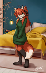 Size: 758x1200 | Tagged: safe, artist:dragonfu, canine, fox, mammal, anthro, bedroom, bottomless, clothes, female, indoors, nudity, partial nudity, solo, solo female, sweater, tail, topwear