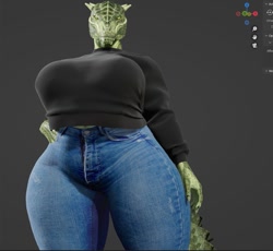 Size: 993x912 | Tagged: safe, artist:master98cool, deeja (skyrim), argonian, fictional species, reptile, anthro, the elder scrolls, the elder scrolls v: skyrim, 3d, breasts, clothes, digital art, horns, huge breasts, jeans, pants, shirt, tail, thick thighs, thighs, topwear, wide hips