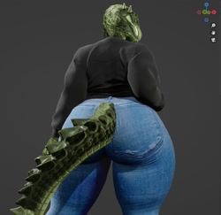 Size: 919x895 | Tagged: safe, artist:master98cool, deeja (skyrim), argonian, fictional species, reptile, anthro, the elder scrolls, the elder scrolls v: skyrim, 3d, breasts, butt, clothes, digital art, horns, huge breasts, huge butt, jeans, pants, shirt, tail, thick thighs, thighs, topwear, wide hips