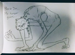 Size: 978x719 | Tagged: safe, artist:victordantess, garfield (garfield), cat, feline, fictional species, hybrid, mammal, monster, anthro, garfield (comic), animal head, creepy, gesture, irl, kneeling, long arms, long legs, male, on one knee, photo, photographed artwork, solo, solo male, talking to someone, traditional art