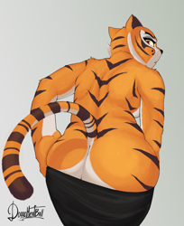 Size: 1591x1945 | Tagged: suggestive, artist:doggomeatball, master tigress (kung fu panda), big cat, feline, mammal, tiger, anthro, dreamworks animation, kung fu panda, 2020, bedroom eyes, black nose, braless, breasts, butt, clothes, digital art, ears, eyelashes, female, fur, looking at you, looking back, looking back at you, no underwear, pants, pants pulled down, partial nudity, rear view, sideboob, simple background, solo, solo female, striped body, striped fur, tail, thighs, topless, wide hips