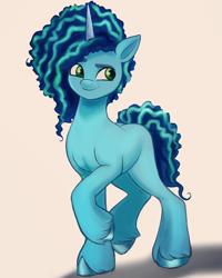 Size: 1420x1774 | Tagged: safe, artist:sallylla, misty (mlp g5), equine, fictional species, mammal, pony, unicorn, feral, hasbro, my little pony, my little pony g5, my little pony: make your mark, spoiler, spoiler:my little pony g5, spoiler:my little pony: make your mark, 2022, curled hair, curly mane, cute, dyed mane, eyebrows, female, frizzy hair, full body, green eyes, hair, hooves, horn, mane, mare, raised hoof, simple background, smiling, solo, solo female, tail, unshorn fetlocks, walking