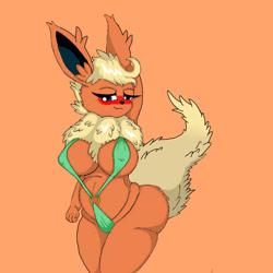 Size: 707x707 | Tagged: suggestive, artist:poraka7, eeveelution, fictional species, flareon, mammal, anthro, digitigrade anthro, nintendo, pokémon, 2021, armpits, arms behind head, bedroom eyes, belly button, bikini, black nose, blushing, breasts, cameltoe, clothes, digital art, ears, eyelashes, female, fluff, fur, green bikini, green swimsuit, hair, looking at you, neck fluff, nipple outline, pose, simple background, sling bikini, solo, solo female, swimsuit, tail, thighs, wide hips