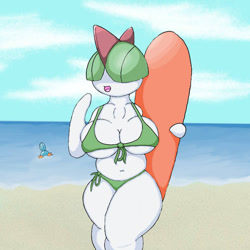 Size: 667x667 | Tagged: safe, artist:poraka7, fictional species, mudkip, ralts, anthro, feral, nintendo, pokémon, 2021, beach, belly button, bikini, blushing, breasts, clothes, detailed background, digital art, ears, eyelashes, eyes closed, female, green bikini, green swimsuit, looking at you, ocean, open mouth, pose, sand, solo, solo female, starter pokémon, surfboard, swimsuit, tail, thighs, tongue, water, wide hips