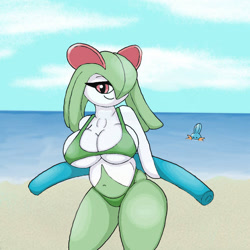 Size: 621x621 | Tagged: safe, artist:poraka7, fictional species, kirlia, mudkip, anthro, nintendo, pokémon, 2021, beach, beach blanket, bedroom eyes, belly button, bikini, blushing, breasts, clothes, detailed background, digital art, ears, eyelashes, female, green bikini, green swimsuit, hair, looking at you, ocean, one eye closed, pose, sand, solo, solo female, starter pokémon, swimsuit, thighs, water, wide hips