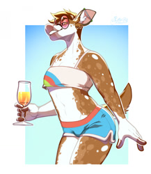 Size: 1110x1280 | Tagged: safe, artist:rokemi, oc, oc only, oc:dallas (gingersnaps), cervid, deer, mammal, anthro, bottomwear, brown body, brown fur, brown hair, clothes, crop top, digital art, drink, ear piercing, ears, finger hooves, fur, glass, glasses, green eyes, hair, industrial piercing, looking at you, male, piercing, round glasses, short shorts, shorts, simple background, solo, solo male, tail, tank top, topwear, white body, white fur