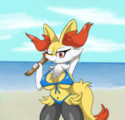 Size: 737x707 | Tagged: suggestive, artist:poraka7, braixen, fictional species, anthro, nintendo, pokémon, 2021, beach, bedroom eyes, belly button, bikini, black nose, blue bikini, blue swimsuit, breasts, cheek fluff, clothes, detailed background, digital art, ear fluff, ears, eyelashes, female, fluff, fur, hip fluff, looking at you, nipple outline, ocean, one eye closed, pose, sand, shoulder fluff, solo, solo female, starter pokémon, stick, swimsuit, tail, thighs, water, wide hips