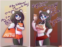 Size: 2629x1978 | Tagged: suggestive, artist:pinabble, bear, mammal, panda, anthro, hooters, 2d, apron, before and after, black body, black fur, black hair, blue eyes, blue pupils, blushing, bottomwear, clothes, colored pupils, crop top, dialogue, english text, female, femboy, femboy hooters, fur, hair, highlights, looking at you, male, menu, midriff, mtf transgender, multicolored fur, multicolored hair, open mouth, outback steakhouse, restaurant, shirt, short shorts, shorts, skimpy, solo, standing, talking, talking to viewer, tank top, text, text on clothing, tomboy, tomboy outback, topwear, transgender, two toned body, two toned fur, two toned hair, uniform, unusual pupils, white body, white fur, white hair, working