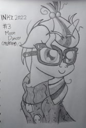 Size: 1966x2917 | Tagged: safe, artist:iceflower99, moondancer (mlp), equine, fictional species, mammal, pony, unicorn, feral, friendship is magic, hasbro, my little pony, 2022, clothes, female, glasses, high res, horn, inktober, inktober 2022, mare, monochrome, smiling, solo, solo female, sweater, topwear, traditional art