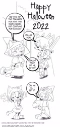 Size: 1086x2290 | Tagged: safe, artist:forestdalecomic, canine, cat, cervid, deer, feline, fox, hybrid, mammal, wolf, anthro, armor, broom, clothes, comic strip, costume, female, group, halloween, hat, headwear, holiday, knight, male, sword, toy sword, trio, weapon, witch costume, witch hat