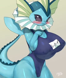 Size: 2552x3000 | Tagged: suggestive, artist:shaolin bones, eeveelution, fictional species, mammal, vaporeon, anthro, nintendo, pokémon, 2021, black nose, blushing, breasts, clothes, digital art, ears, eyelashes, female, fins, fur, huge breasts, looking at you, nipple outline, one-piece swimsuit, solo, solo female, swimsuit, tail, thighs, wide hips